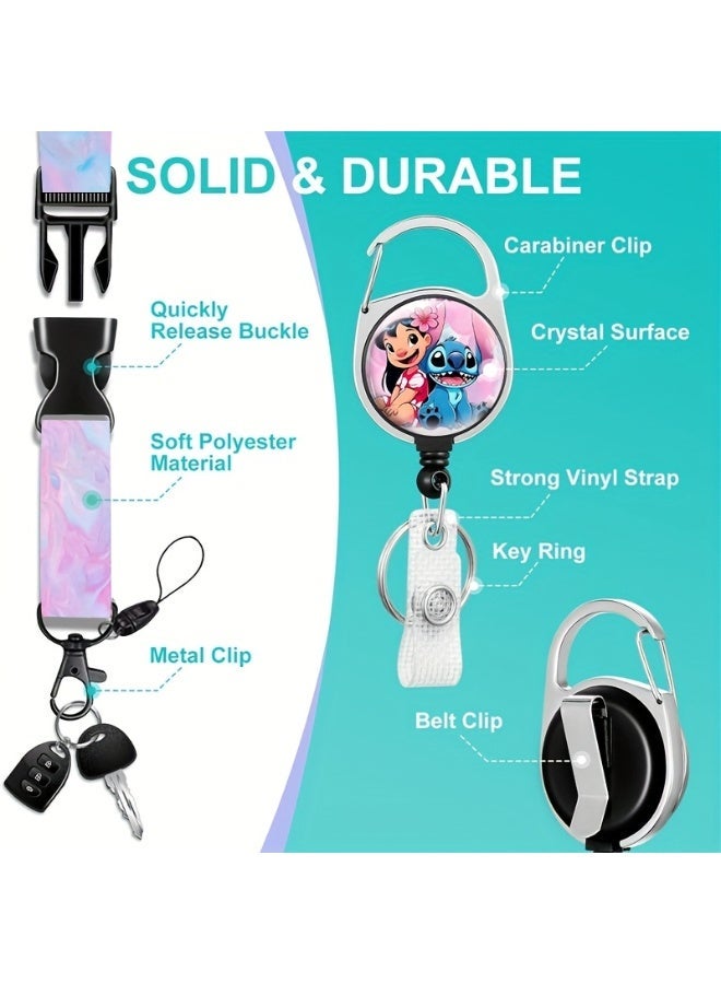 Disney 3-in-1 Disney Pink Stitch Logo Plastic ID Holder with Lanyard, Retractable ID Roller, Keychain and Extension Chain - Suitable for workers, students, bus drivers, doctors, nurses, etc. - Image 4